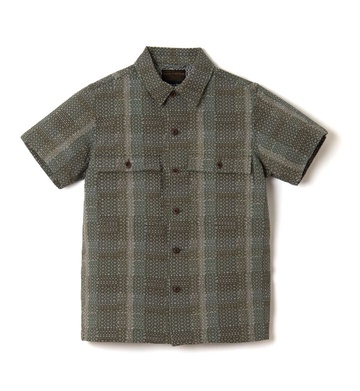 【Pre-order】5719 Noragi ARMY Sashiko Short Sleeve Shirts,ARMY GREEN, medium image number 0